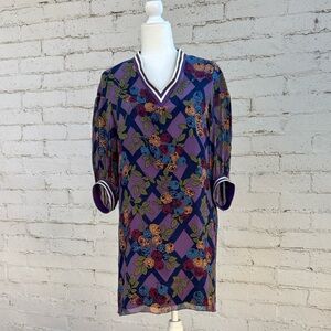 RARE Anna Sui for Anthropologie Purple Floral 100% Silk Swing Dress Size M